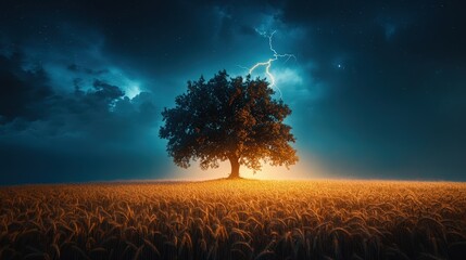 Powerful lightning bolt splitting the sky over a lone tree in a golden wheat field, beneath swirling storm clouds, capturing nature's raw power.