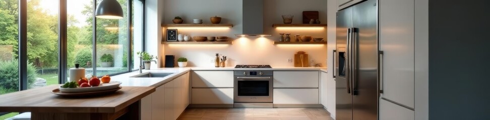 Modern kitchen featuring stainless steel range, fridge, glossy, lighting