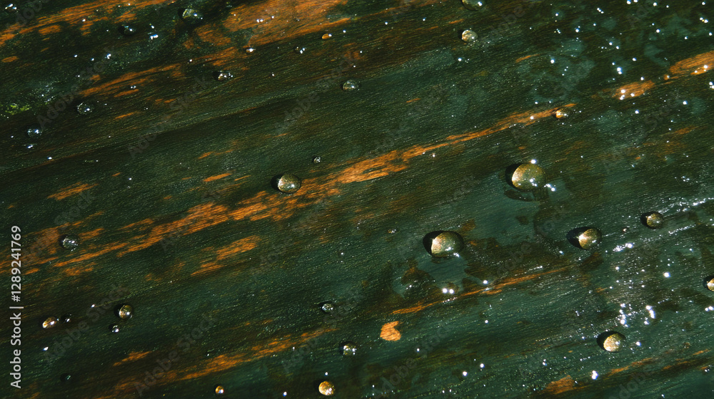 Poster dewdrops on wooden surface reflecting light - nature texture for design