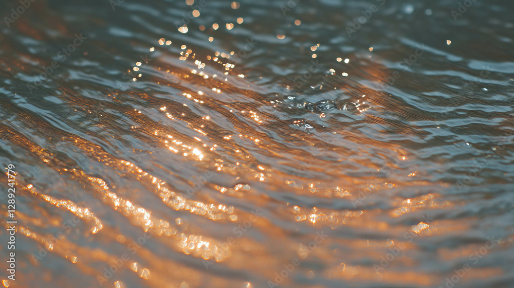 Poster sparkling dewdrops on textured wood surface with light reflections for natural background design