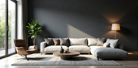 Modern living room, dark grey feature wall, natural light, living room, furniture, area
