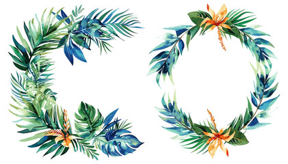 Naklejka premium Watercolor tropical round frame vector, isolated on white or transparent PNG, botanical wreath, floral border, tropical leaves, jungle theme, palm, hand-drawn nature, exotic plant