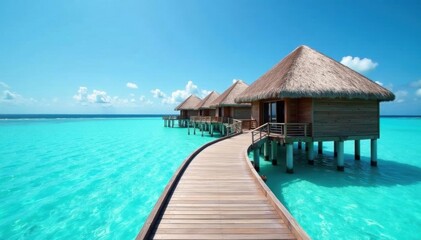 Overwater bungalow steps lead to turquoise lagoon, getaway, house, design