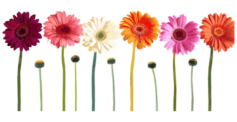 Vector Colorful Row of Gerbera Daisies, Blooming Flowers, Spring Floral Border, Botanical Illustration, Vibrant Garden Blooms, Nature Pattern, Decorative Blossom