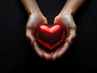 Fototapeta premium A pair of hands gently offering a vibrant red heart against a contrasting black background. Ideal for campaigns focused on love, compassion, and caregiving, Valentine's Day,