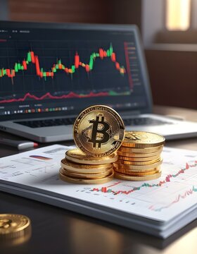 A stack of gold Bitcoin coins in the foreground, with a laptop displaying stock market graphs in the background. There are also colorful financial charts and graphs on a sheet of paper on the table. 
