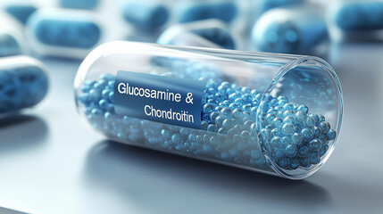 Capsules filled with glucosamine and chondroitin placed on a reflective surface in a well-lit setting, showcasing their vibrant blue color and clear container