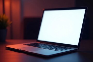 Sleek laptop, open, blank display, dark modern setting, mockup, open, productivity