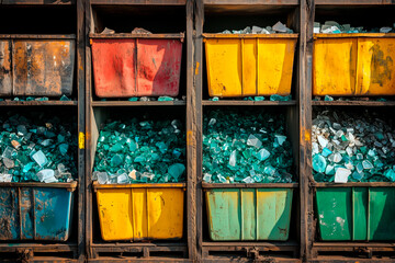 Industrial storage bins filled with shattered glass pieces in various shades of green and blue, arranged in a symmetrical pattern with worn metal frames and colorful containers in a recycling facility