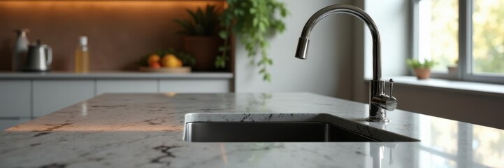 Sleek modern faucet & sink; granite island countertop, detail, clean