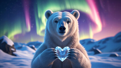 Majestic polar bear holding a glowing crystal heart under the Northern Lights. Concept for environmental awareness, climate change, Arctic conservation, love for nature, and emotional resilience.