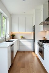 Sleek white cabinets, quartz counters, stainless appliances, white kitchen, bright