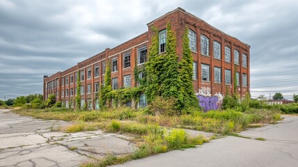 Abandoned Industrial Building Surrounded by Overgrown Vegetation