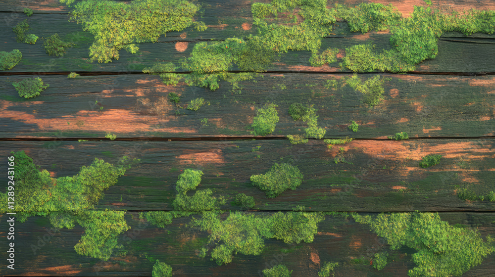 Poster texture of weathered wooden surface with moss patches for natural background or design