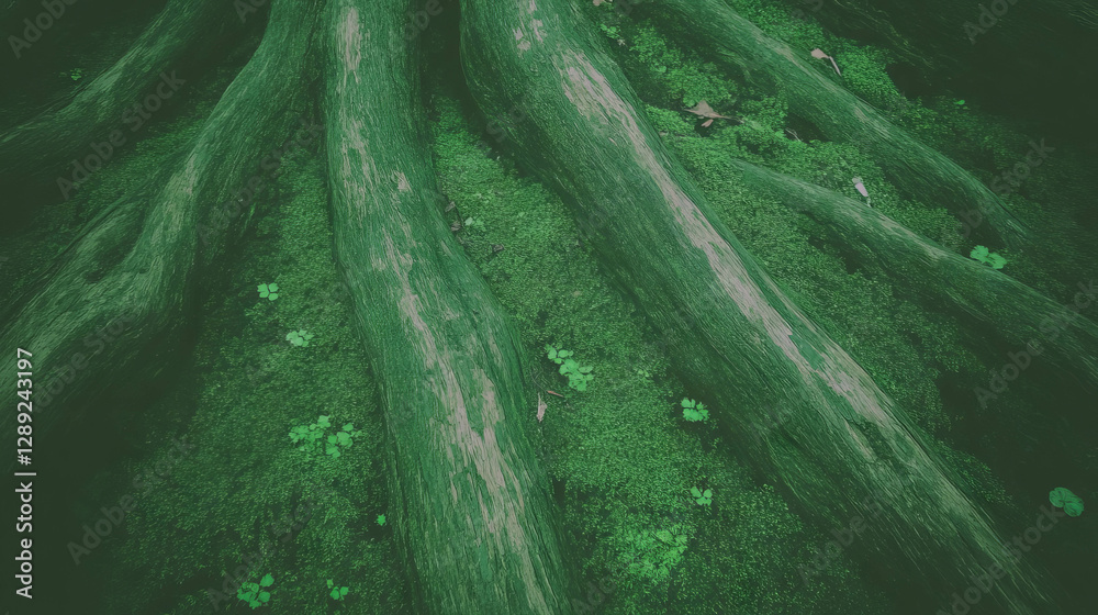 Poster organic forest floor with moss and tree roots for natural design concepts