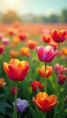 Obraz premium A field of brightly colored flowers swaying gently in the breeze, flowers,