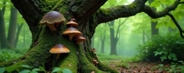 Naklejka premium an ancient, gnarled tree covered in moss and lichen with fungi growing on its bark, nature, fungus