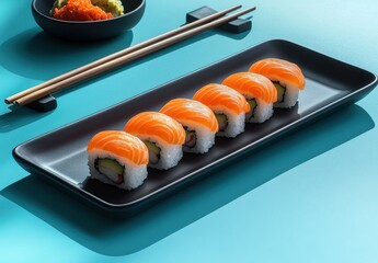 Freshly Prepared Sushi Rolls with Salmon Topping on a Stylish Black Plate against a Vibrant Blue Background with Chopsticks and Side Dishes
