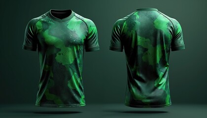 Sport t-shirt mockup with abstract green pattern. Soccer, football jersey template. Front, back views for sport club uniform. Activewear, player clothing design. Breathable fabric, stylish abstract