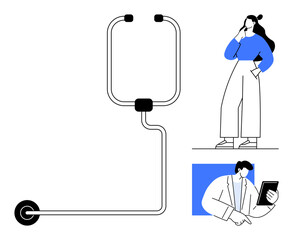 Minimalist abstract line art with a woman thinking, man using a tablet, and a stylized rotating device. Ideal for tech innovation, business planning, communication, collaboration, future trends