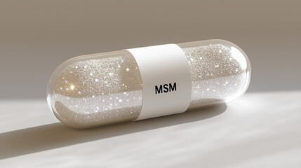 Shimmering capsule containing MSM with a sparkling interior on a soft, neutral background