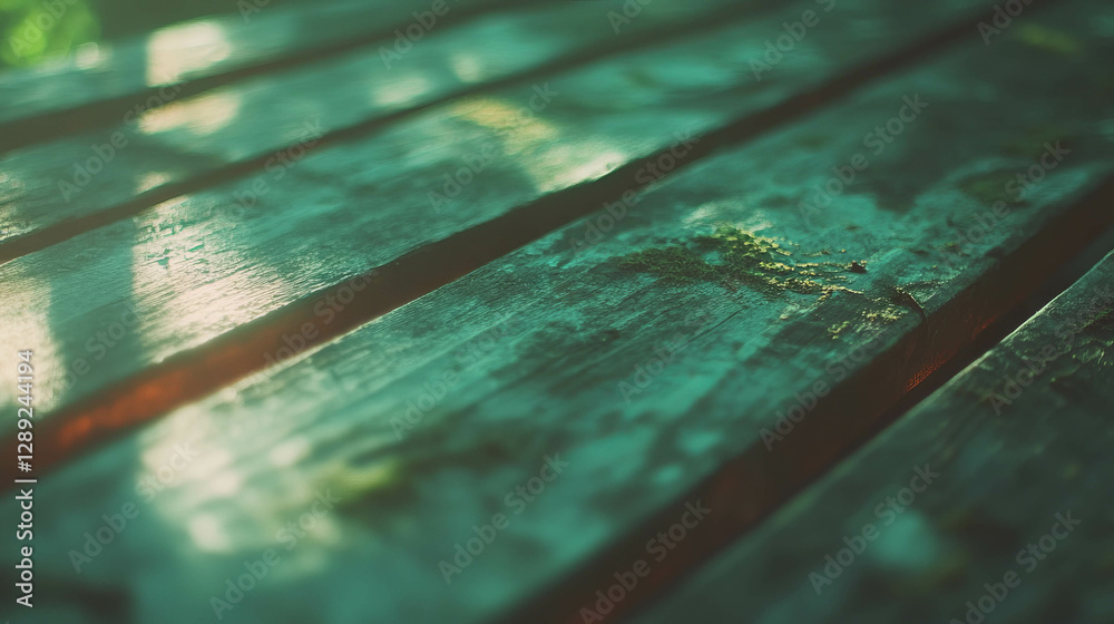 Aufkleber rustic wooden surface with soft green moss in sunlit forest setting
