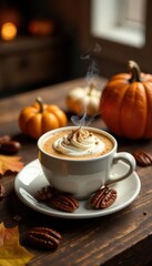 Cozy autumn table with steaming latte and pecans, whipped cream, fall atmosphere