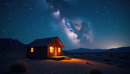 Desert cabin under starry night sky with Milky Way glowing above, starry night, astronomy, landscape