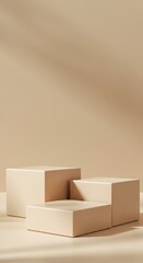 Minimalist composition of three beige cubes on a soft neutral background with gentle shadows creating a serene and elegant modern aesthetic