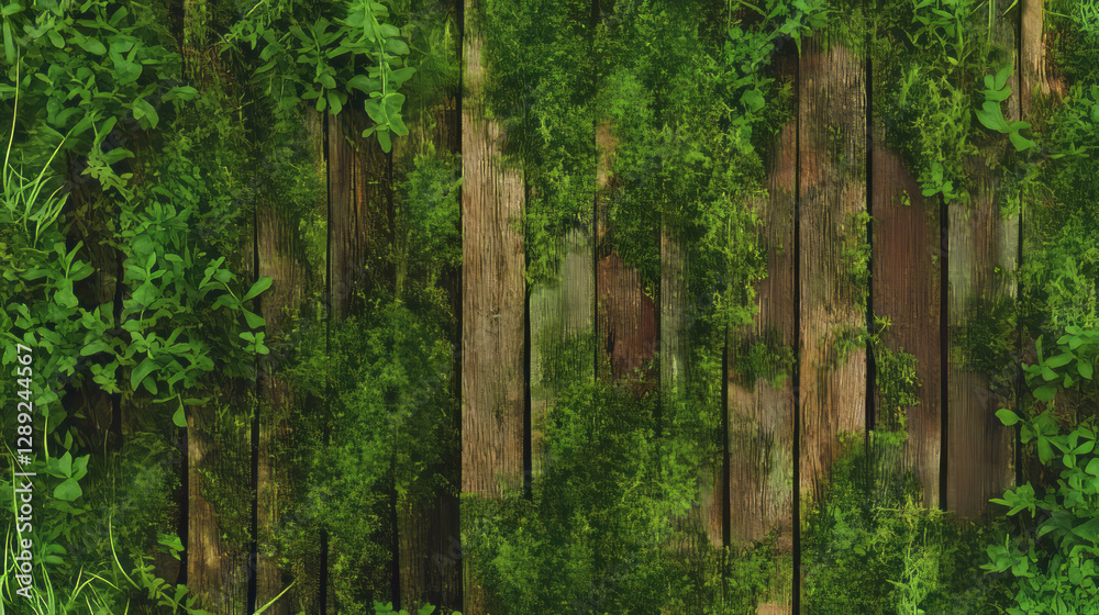 Poster rustic wooden texture with wispy moss and lush greenery for nature design