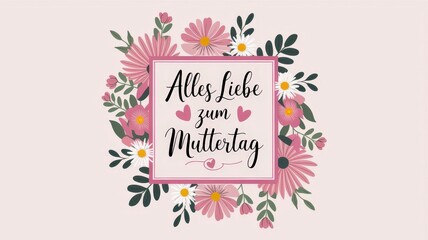 Obraz premium Pink and white floral arrangement with German text Alles Liebe zum Muttertag meaning Lots of love for Mother's Day surrounded by flowers