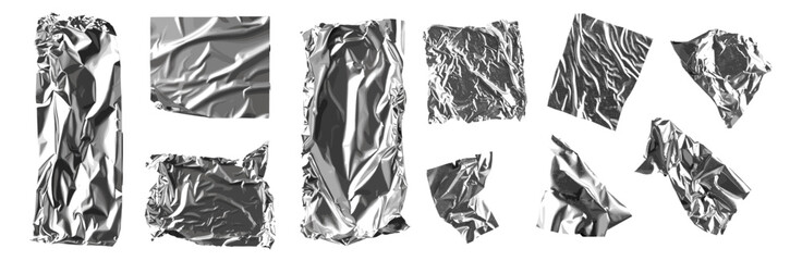 Vector set aluminum foil pieces isolated on black, crumpled silver foil, metallic wrap, shiny wrinkled texture, glossy foil sheet, kitchen packaging, reflective surface