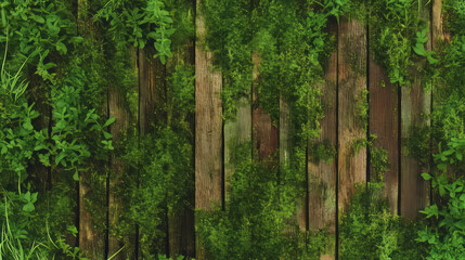 Fototapeta premium Rustic wooden texture with wispy moss and lush greenery for nature design