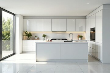 Fototapeta premium Bright white kitchen, high-end finishes, spacious layout, custom cabinets, white kitchen, backsplash tile