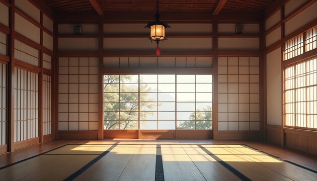 Oriental interior with tatami mats on floor, shoji windows. Traditional japanese dojo background for martial arts training meditation. Empty wooden room illuminated by sunlight. Asian architecture