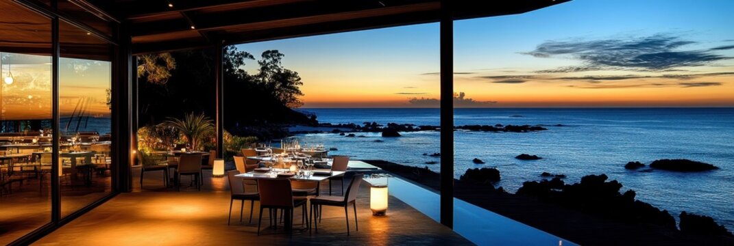 Charming Oceanfront Eatery: A Romantic Dining Experience with Warm Lighting and Breathtaking Seaside Views