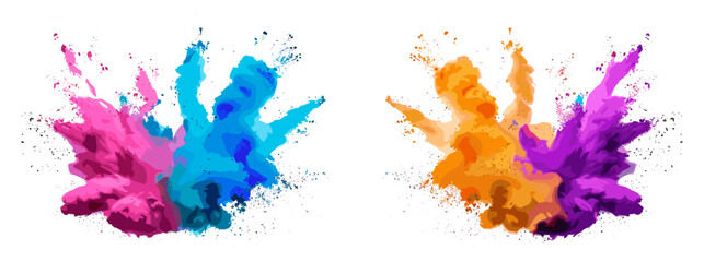 Collection of vector color powder explosion isolated on white transparent PNG background, paint splash, colorful dust cloud, holi festival burst, vibrant pigment blast