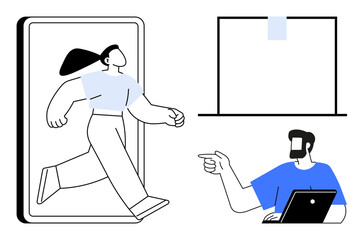 Person stepping out of phone, individual with laptop pointing at whiteboard. Ideal for teamwork, digital transformation, connectivity, communication, innovation, education virtual meetings. Abstract