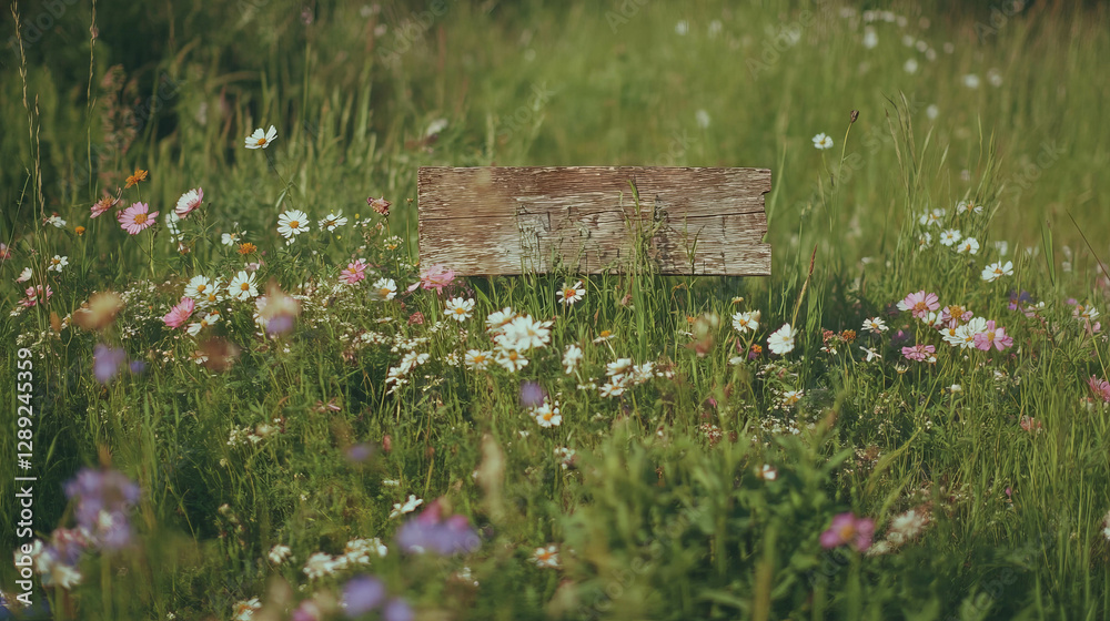 Poster rustic wooden texture with wildflowers in a meadow for natural design elements