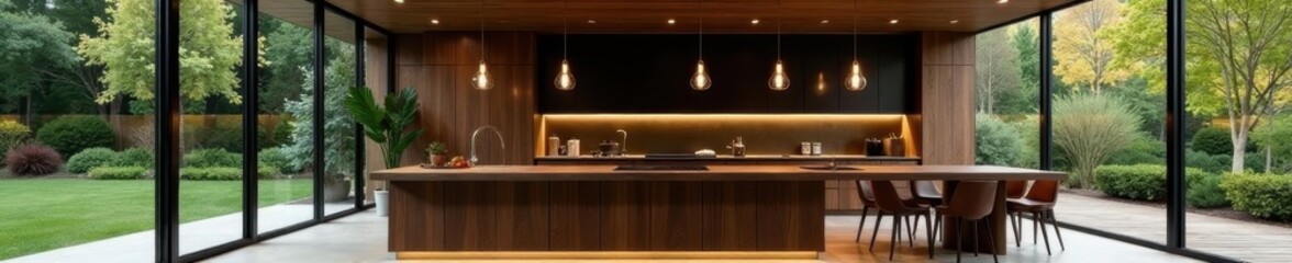Dark wood open plan kitchen, modern pendant lights , minimalist, home staging