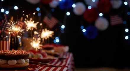 Festive Independence Day celebration with sparklers and a decorated cake with copy-space, place for text.