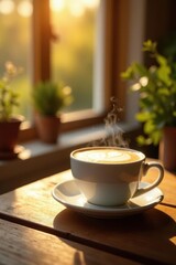 Sunny morning scene with a steaming hot cappuccino and a wooden table, cappuccino, cup