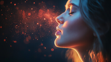 Woman exhaling colorful smoke particles in a dimly lit environment creating a surreal atmosphere at night