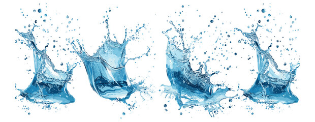 Fresh water splashing vector set, clear liquid splash, aqua drops, blue wave motion, dynamic water flow, transparent splash effect, realistic water elements, clean water design