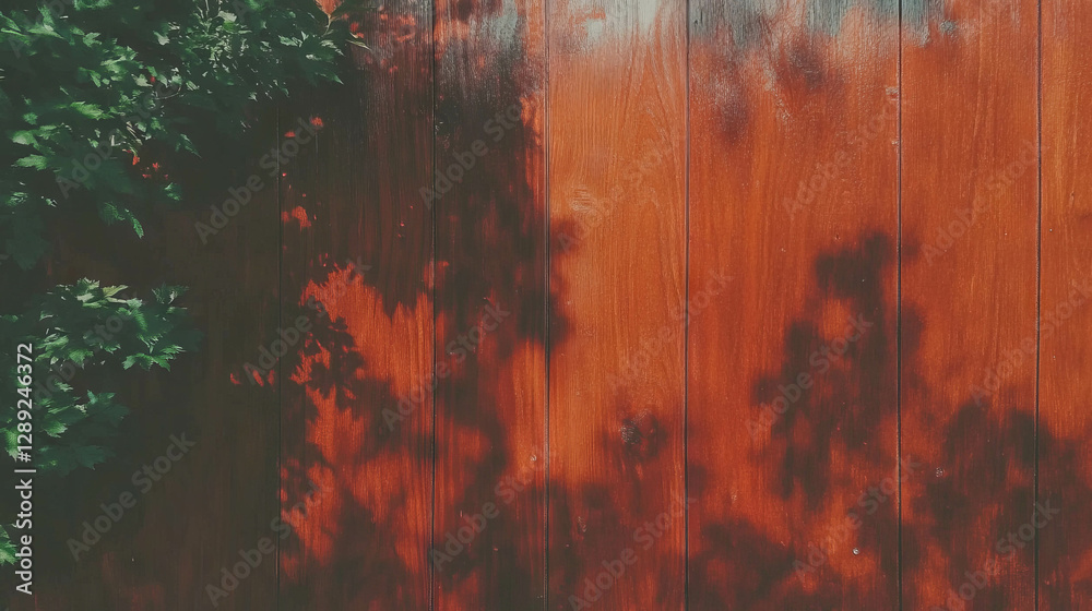 Poster rustic cherry wood texture with matte varnish and leaf shadows for design and decoration