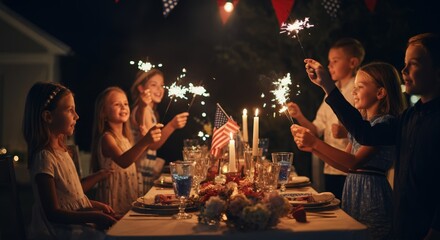 Children celebrating Independence Day with sparklers at a festive outdoor dinner party