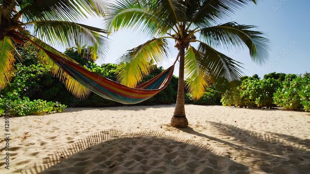 Aufkleber Sunlight filters through palm leaves onto a colorful hammock gently swaying in the breeze on a pristine sandy beach, creating a tranquil slow motion scene of tropical relaxation