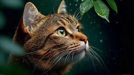 Tabby cat looking up, rain, leaves, garden, pet portrait