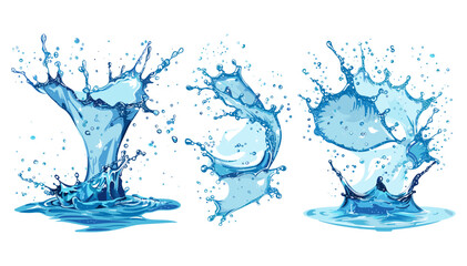 Splashing water vector set, isolated on white or transparent PNG, liquid splash, blue water drops, realistic aqua wave, clear fresh water, editable illustration, fluid motion
