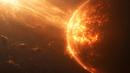 Fototapeta premium A hyperrealistic image of the sun with enormous plumes of fire and plasma erupting from its core